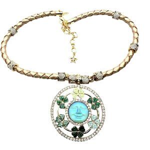 Kirks Folly Womens Necklace Crystal Magnetic Circle of Clover Seaview Moon Green